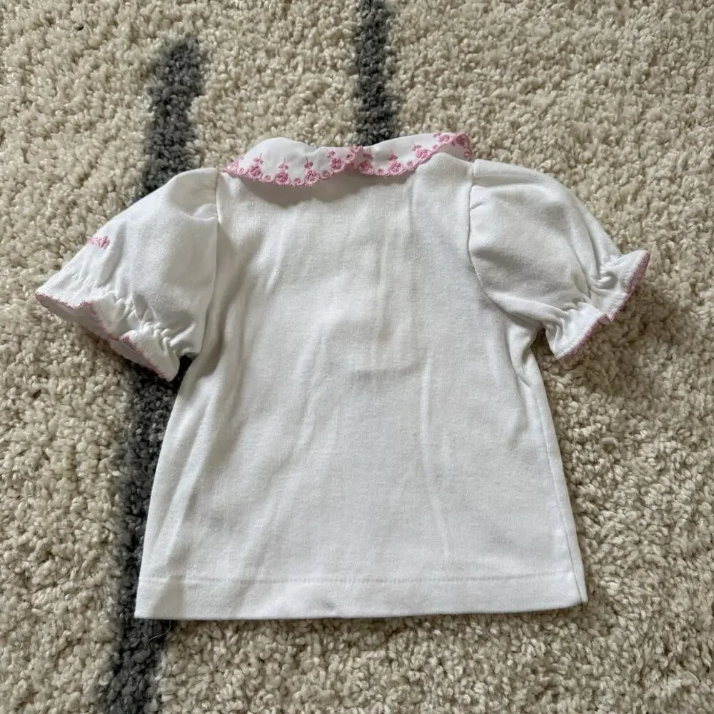 Vtg 90s OshKosh White Pink Collar Baby Girl Shirt Size 6-9 Months Embroidered